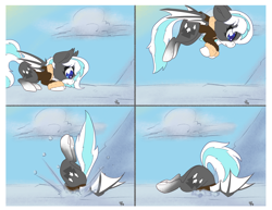 Size: 3300x2550 | Tagged: safe, artist:leadhooves, imported from derpibooru, imported from ponybooru, oc, oc only, oc:snowcap, bat pony, pony, ass up, bat pony oc, bat wings, behaving like a fox, comic, high res, jumping, outdoors, pounce, silly, silly pony, snow, solo, stuck, wings