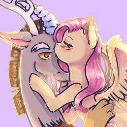 Size: 2048x2048 | Tagged: safe, artist:troublesomeowo, imported from derpibooru, discord, fluttershy, draconequus, pegasus, pony, blushing, bust, discoshy, eyes closed, female, floppy ears, forehead kiss, high res, kissing, lens flare, male, mare, shipping, smiling, spread wings, straight, wings