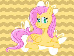 Size: 1280x960 | Tagged: safe, artist:smaximations, imported from derpibooru, fluttershy, pegasus, pony, abstract background, cutie mark background, female, folded wings, head turned, looking at you, lying down, mare, prone, smiling, solo, turned head, wings
