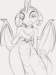 Size: 616x815 | Tagged: safe, artist:dotkwa, imported from derpibooru, princess ember, dragon, dragoness, female, grayscale, looking at something, monochrome, solo
