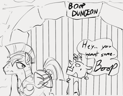 Size: 658x516 | Tagged: safe, artist:dotkwa, imported from derpibooru, oc, deer, pegasus, pony, deer oc, duo, grayscale, imminent boop, jail, male, monochrome, royal guard, speech bubble, stallion, sweat, wavy mouth