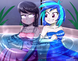 Size: 1360x1070 | Tagged: safe, artist:the-butch-x, imported from derpibooru, dj pon-3, octavia melody, vinyl scratch, human, equestria girls, annoyed, bare shoulders, blushing, breasts, clothes, dress, duo, female, hot tub, jacuzzi, lesbian, octavia is not amused, scratchtavia, shipping, sleeveless, strapless, tsuntavia, unamused, wet, wet clothes, wet dress, wet hair