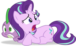 Size: 4872x3000 | Tagged: safe, artist:frownfactory, imported from derpibooru, spike, starlight glimmer, dragon, pony, unicorn, the crystalling, cowering, duo, female, horn, male, mare, open mouth, simple background, transparent background, vector