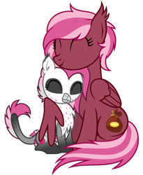 Size: 2695x3288 | Tagged: safe, artist:bnau, derpibooru exclusive, imported from derpibooru, oc, oc only, oc:cherry feather, oc:zeny, hippogriff, pony, chest fluff, cuddling, cute, cute little fangs, duo, duo female, ear fluff, eyes closed, fangs, female, females only, high res, hug, leonine tail, mother and child, mother and daughter, pale belly, show accurate, simple background, sitting, tail fluff, transparent background, vector, winghug, wings