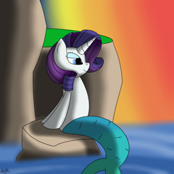 Size: 1000x1000 | Tagged: safe, artist:spritepony, imported from derpibooru, rarity, merpony, pony, seapony (g4), unicorn, blue eyes, blue mane, colored pupils, digital art, female, fish tail, horn, lidded eyes, mermaid tail, ocean, rock, seaponified, seapony rarity, signature, sitting, sky, smiling, solo, species swap, tail, water