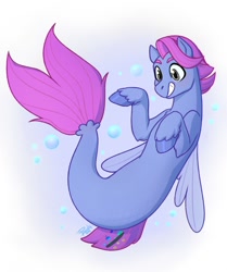 Size: 1072x1280 | Tagged: safe, artist:princelyy, imported from derpibooru, oc, oc only, pegasus, pony, seapony (g4), bubble, digital art, dorsal fin, fin wings, fish tail, flowing mane, gray eyes, male, pink mane, seaponified, signature, simple background, smiling, solo, species swap, tail, teeth, underwater, unshorn fetlocks, water, wings