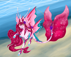 Size: 1253x1000 | Tagged: safe, artist:terra-bites, imported from derpibooru, oc, oc only, original species, digital art, ethereal mane, female, fin wings, flowing mane, flowing tail, horn, northling, ocean, pink mane, sand, smiling, solo, sparkles, starry mane, sunlight, swimming, tail, tongue out, underwater, water, wings, yellow eyes