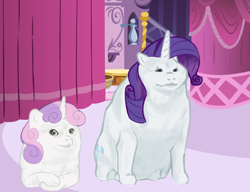 Size: 2721x2087 | Tagged: safe, artist:general proton, imported from derpibooru, rarity, sweetie belle, pony, unicorn, carousel boutique, doge, eyeshadow, female, high res, makeup, meme, ponified, ponified meme, siblings, sisters, sitting, uncle murphy