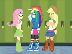 Size: 2000x1500 | Tagged: safe, artist:alvaxerox, imported from derpibooru, applejack, fluttershy, rainbow dash, equestria girls, boots, clothes, cowboy hat, hat, high heel boots, shirt, shoes, skirt, sock