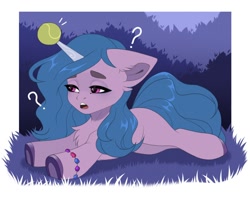 Size: 1500x1200 | Tagged: safe, artist:villjulie, imported from derpibooru, izzy moonbow, pony, unicorn, ball, bracelet, chest fluff, female, floppy ears, g5, horn, horn impalement, hornball, izzy's tennis ball, jewelry, lying down, mare, open mouth, prone, question mark, solo, tennis ball, underhoof