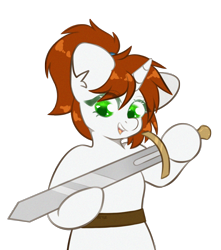 Size: 1500x1700 | Tagged: safe, artist:etoz, imported from derpibooru, oc, oc only, oc:stone, pony, unicorn, happy, horn, open mouth, simple background, sketch, smiling, solo, sword, transparent background, unicorn oc, weapon