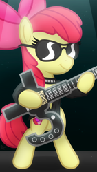 Size: 1080x1920 | Tagged: safe, artist:whitequartztheartist, imported from derpibooru, apple bloom, earth pony, pony, bipedal, blue oyster cult, clothes, cosplay, costume, eric bloom, female, filly, glasses, guitar, musical instrument, rock (music), solo, standing on two hooves