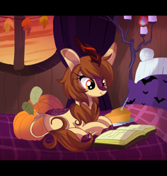 Size: 3208x3400 | Tagged: safe, artist:spookyle, imported from derpibooru, oc, oc only, oc:pumpkin spell, kirin, bed, book, female, high res, kirin oc, leaves, lying down, prone, pumpkin, pumpkin pie, solo