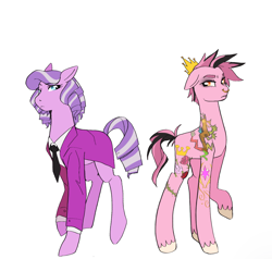 Size: 1582x1509 | Tagged: safe, artist:aztrial, imported from derpibooru, coronet, diamond tiara, discord, oc, oc:coronet, earth pony, pony, clothes, crown, dyed mane, dyed tail, eyeshadow, half-siblings, half-sisters, headcanon in the description, jacket, jewelry, makeup, mohawk, necktie, nose piercing, nose ring, older, older diamond tiara, piercing, regalia, shirt, story included, suit, tattoo, twilight's cutie mark, unshorn fetlocks