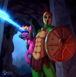 Size: 1780x1800 | Tagged: safe, artist:silentwulv, imported from derpibooru, oc, oc only, oc:anon, oc:lily glamerspear, human, pony, unicorn, fanfic:everyday life with guardsmares, armor, blast, everyday life with guardsmares, fanfic art, female, guardsmare, holding a pony, hooves, horn, magic, magic blast, mare, royal guard