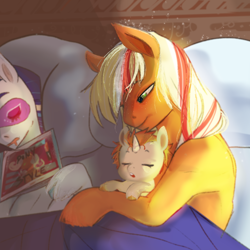 Size: 2048x2048 | Tagged: safe, artist:aztrial, imported from derpibooru, applejack, rarity, oc, oc:southern belle, earth pony, pony, unicorn, baby, baby pony, bed, blanket, cute, drool, family, female, foal, high res, lesbian, magazine, magical lesbian spawn, majestic as fuck, morning ponies, offspring, parent:applejack, parent:rarity, parents:rarijack, rarijack, shipping, sleep mask, sleeping, wholesome