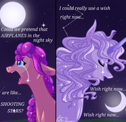 Size: 1109x1070 | Tagged: safe, artist:pokethedog, imported from derpibooru, sunny starscout, twilight sparkle, earth pony, unicorn, aeroplanes and meteor showers, airplanes (song), crescent moon, crossover, crossover shipping, crying, duo, female, full moon, g5, lady amalthea, lyrics, male, meme, moon, mordecai, mordetwi, redraw mordetwi meme, regular show, shipping, stars, straight, text, the last unicorn