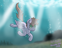 Size: 2700x2104 | Tagged: safe, artist:optic-rainfall, imported from derpibooru, oc, oc only, pegasus, pony, brown mane, bubble, crepuscular rays, feather, flowing tail, green eyes, high res, rock, seaweed, signature, smiling, solo, sunlight, swimming, underwater, water, wings