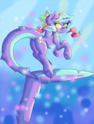 Size: 640x846 | Tagged: safe, artist:shitsuki-kage, imported from derpibooru, oc, oc only, original species, shark, shark pony, bubble, dorsal fin, ear fluff, eyelashes, fish tail, flowing tail, looking at you, ocean, smiling, solo, swimming, tail, underwater, water