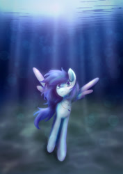 Size: 1280x1805 | Tagged: safe, artist:rottuchan, imported from derpibooru, oc, oc only, pegasus, pony, blue eyes, blue mane, bubble, crepuscular rays, female, flowing mane, looking at you, ocean, solo, spread wings, sunlight, underwater, water, wings