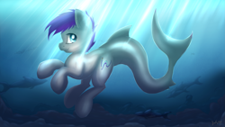 Size: 3265x1837 | Tagged: safe, artist:imshysoihide, imported from derpibooru, oc, oc only, original species, shark, shark pony, blue eyes, crepuscular rays, dorsal fin, fish tail, flowing tail, purple mane, signature, smiling, solo, sunlight, swimming, tail, underwater, water