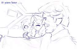 Size: 4096x2692 | Tagged: safe, artist:general proton, artist:general_proton, imported from derpibooru, trixie, human, pony, unicorn, car, explicit source, eyes closed, female, filly, male, mare, monochrome, smiling, todd howard