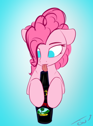 Size: 1362x1833 | Tagged: safe, artist:colourwave, imported from derpibooru, pinkie pie, earth pony, pony, alcohol, bailey's irish cream, bust, drunk, female, floppy ears, go home you're drunk, licking, simple background, solo, tongue out