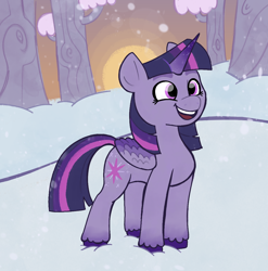 Size: 1124x1139 | Tagged: safe, artist:apatheticxaddict, imported from derpibooru, twilight sparkle, alicorn, pony, colored hooves, colored wings, g4 to g5, g5, generation leap, snow, solo, style emulation, sunset, tree, twilight sparkle (alicorn), unshorn fetlocks, wings