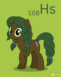 Size: 4000x5000 | Tagged: safe, artist:parclytaxel, imported from derpibooru, oc, oc only, oc:hyacinth, earth pony, pony, series:joycall6's periodic table, .svg available, absurd resolution, braid, braided tail, chemistry, commission, female, green background, hassium, looking at you, mare, periodic table, raised hoof, simple background, smiling, solo, vector