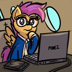 Size: 960x958 | Tagged: safe, artist:ashtoneer, imported from derpibooru, scootaloo, pegasus, pony, clothes, computer, female, filly, glasses, laptop computer, looking at you, necktie, plane, solo, suit, suit and tie, suitaloo