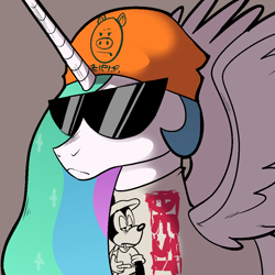 Size: 1000x1000 | Tagged: safe, artist:swagstapiece, imported from derpibooru, princess celestia, alicorn, pony, beanie, clothes, female, hat, mare, mickey mouse, shirt, solo, spread wings, sunglasses, wings