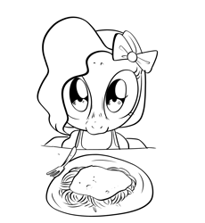 Size: 1840x2000 | Tagged: safe, artist:swagstapiece, imported from derpibooru, earth pony, pony, bow, female, filly, food, hair bow, looking at you, pasta, spaghetti