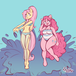 Size: 5048x5048 | Tagged: safe, artist:scribleydoodles, imported from derpibooru, part of a set, fluttershy, pinkie pie, anthro, earth pony, pegasus, unguligrade anthro, belly button, bikini, breasts, busty pinkie pie, chubbie pie, chubby, clothes, duo, female, height difference, mare, one-piece swimsuit, sarong, see-through, skinny, swimsuit, tallershy, thighs, thunder thighs, water, wide hips