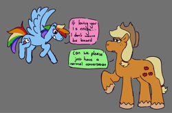 Size: 1280x844 | Tagged: safe, artist:tezzbot, imported from derpibooru, applejack, rainbow dash, earth pony, pegasus, pony, appledash, dialogue, female, gray background, lesbian, mare, shipping, simple background, size difference, speech bubble, vulgar description