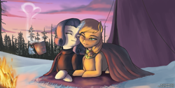 Size: 3480x1754 | Tagged: safe, artist:nire, imported from derpibooru, applejack, rarity, earth pony, pony, unicorn, blanket, campfire, camping, clothes, cup, cutie mark accessory, evening, female, fire, forest, hot drink, lesbian, rarijack, scarf, scenery, shipping, sky, snow, sweater, tent, winter