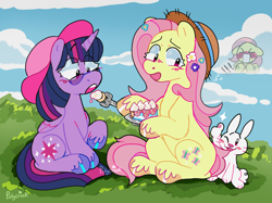 Size: 2048x1530 | Tagged: safe, artist:polycreek, imported from derpibooru, angel bunny, fluttershy, twilight sparkle, alicorn, pegasus, pony, blushing, cake, feeding, female, food, glasses, hat, lesbian, lesbian in front of boys, male, mare, shipping, sitting, thumbs up, twilight sparkle (alicorn), twishy, unshorn fetlocks