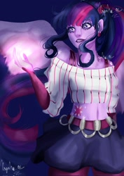 Size: 1448x2048 | Tagged: safe, artist:nnynha_a, imported from derpibooru, twilight sparkle, human, belly button, clothes, female, humanized, magic, midriff, skirt, solo, winged humanization, wings