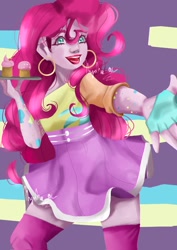 Size: 1448x2048 | Tagged: safe, artist:nnynha_a, imported from derpibooru, pinkie pie, human, clothes, cupcake, dress, ear piercing, earring, female, fingerless gloves, food, gloves, hooped earrings, humanized, jewelry, piercing, solo