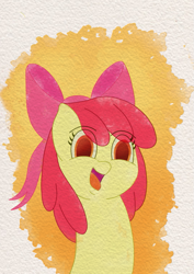 Size: 509x720 | Tagged: safe, artist:dudatg, imported from derpibooru, apple bloom, earth pony, pony, bust, eye clipping through hair, female, filly, open mouth, open smile, portrait, smiling, solo, tongue out