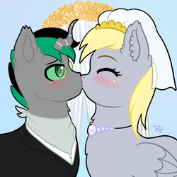 Size: 3000x3000 | Tagged: safe, artist:yumomochan, imported from derpibooru, derpy hooves, oc, pegasus, unicorn, bandana, blushing, canon x oc, clothes, commission, ear fluff, eyes closed, female, glasses, high res, jewelry, kissing, male, mare, marriage, necklace, shipping, stallion, straight, tuxedo, wedding, wedding veil