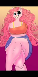 Size: 1080x2160 | Tagged: safe, artist:unfinishedheckery, imported from derpibooru, pinkie pie, anthro, earth pony, unguligrade anthro, breasts, busty pinkie pie, clothes, crossed legs, digital art, female, looking at you, shirt, shorts, smiling, smiling at you, solo, solo female, tail, thighs, wide hips