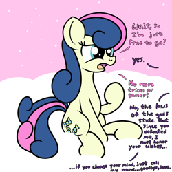 Size: 2000x2000 | Tagged: safe, artist:dafiltafish, imported from derpibooru, bon bon, sweetie drops, oc, oc:hedone, earth pony, pony, comic:day by day, cloud, confused, dialogue, female, high res, lesbian, offscreen character, open mouth, out of frame, sitting, text