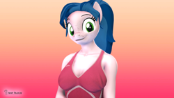 Size: 3840x2160 | Tagged: safe, artist:seriff-pilcrow, imported from derpibooru, oc, oc only, oc:lacuna, anthro, earth pony, 3d, bust, clothes, disguise, disguised changeling, dress, freckles, high res, nexgen, ponytail, simple background, smiling, solo, source filmmaker