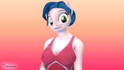 Size: 3840x2160 | Tagged: safe, alternate version, artist:seriff-pilcrow, imported from derpibooru, oc, oc only, oc:lacuna, anthro, earth pony, 3d, bun, bust, clothes, disguise, disguised changeling, dress, freckles, high res, nexgen, simple background, smiling, solo, source filmmaker