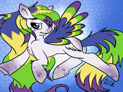 Size: 1024x768 | Tagged: safe, artist:itsteriyaki, imported from derpibooru, oc, oc only, oc:riftonic, pegasus, pony, abstract background, chest fluff, geometric background, long mane, long tail, male, music notes, simple background, smiling, solo, solo male, spread wings, stallion, wingding eyes, wings