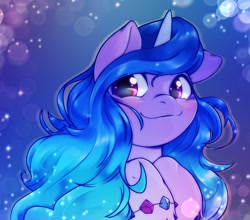 Size: 1896x1668 | Tagged: safe, artist:kurogewapony, imported from derpibooru, izzy moonbow, pony, unicorn, abstract background, blushing, bracelet, cute, female, g5, izzybetes, jewelry, mare, solo