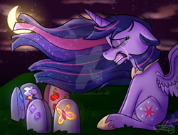 Size: 1024x778 | Tagged: safe, artist:millefaller, imported from derpibooru, twilight sparkle, alicorn, pony, the last problem, cloud, crescent moon, crying, crylight sparkle, deviantart watermark, ethereal mane, eyes closed, female, gravestone, gritted teeth, immortality blues, mare, moon, obtrusive watermark, older, older twilight, peytral, princess twilight 2.0, sitting, starry mane, transparent moon, twilight sparkle (alicorn), twilight will outlive her friends, watermark