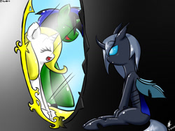 Size: 1024x768 | Tagged: dead source, safe, artist:harthric, imported from derpibooru, oc, oc:angelic grace (enigmamystere), oc:gel, oc:rhino, changeling, unicorn, disguise, disguised changeling, fanfic, mirror