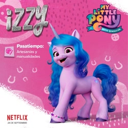 Size: 1080x1080 | Tagged: safe, imported from derpibooru, izzy moonbow, pony, unicorn, female, g5, hasbro studios, mare, my little pony: a new generation, my little pony: a new generation logo, netflix logo, spanish, text