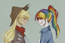 Size: 750x499 | Tagged: artist needed, source needed, safe, imported from derpibooru, applejack, rainbow dash, human, appledash, applejack's hat, blushing, cowboy hat, female, grin, hat, humanized, lesbian, looking at each other, ponytail, shipping, smiling
